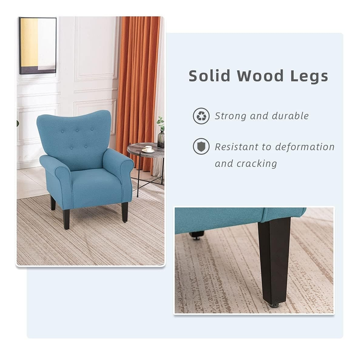 Fauteuil d'appoint moderne Erommy, fauteuil à dossier haut, canapé simple recouvert de tissu avec boutons et pieds en bois pour salon.