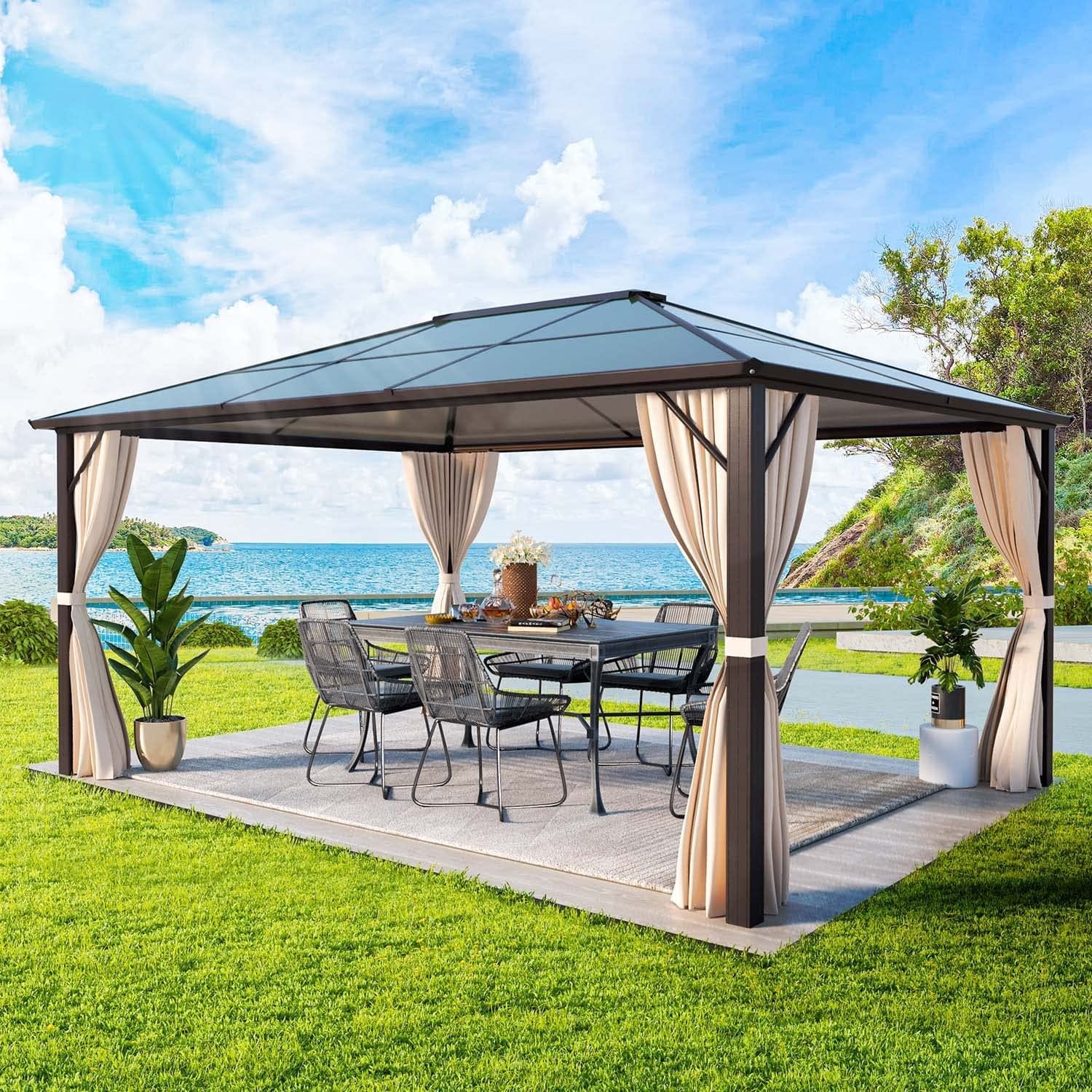 Gazebo à toit rigide pour jardin – Pergola permanente avec moustiquaire, rideaux et double toit, abri extérieur toutes saisons