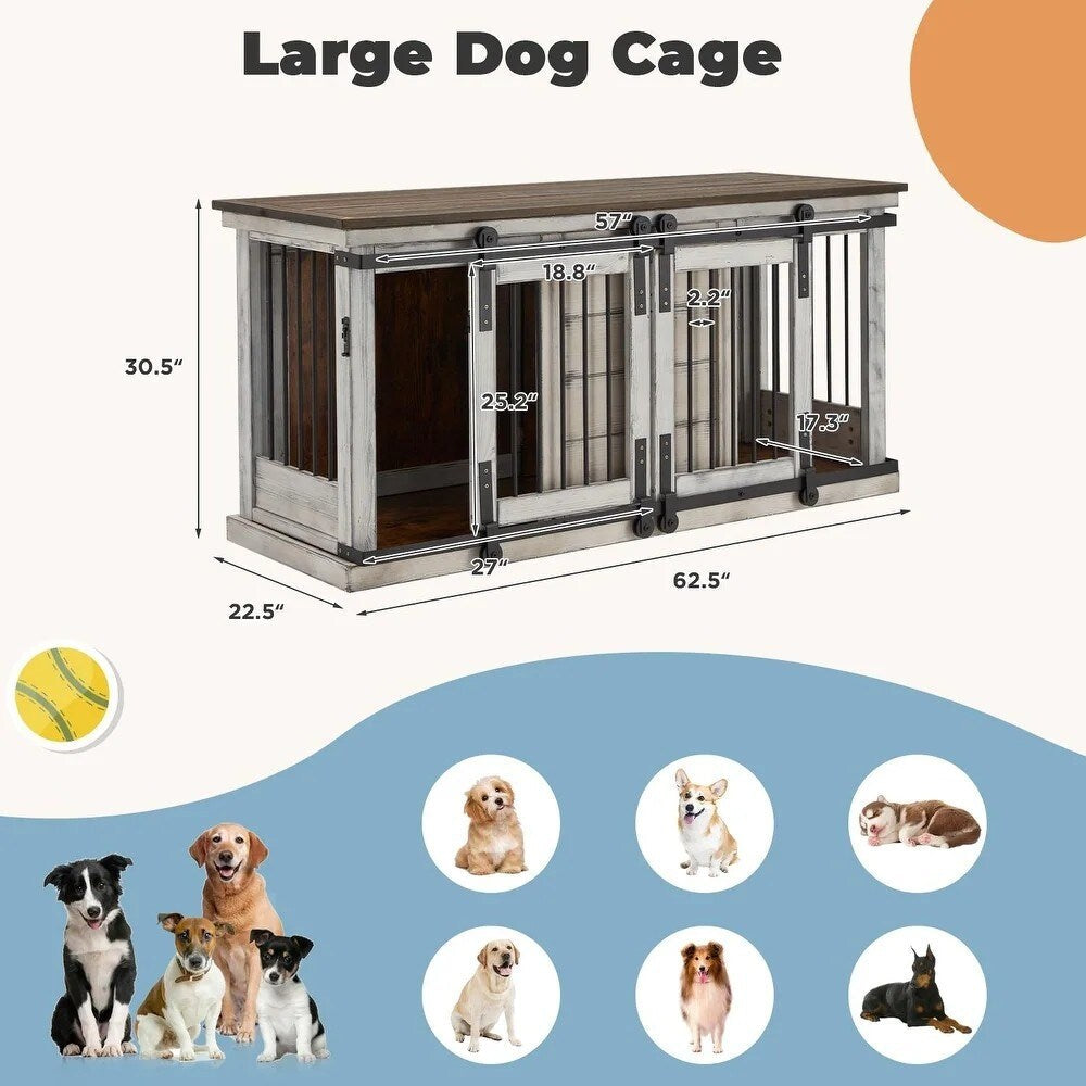 EROMMY Meuble-cage pour chien en bois massif, chenil intérieur avec porte coulissante et meuble TV, élégante maison pour chien en bois, cage pour chien stylée