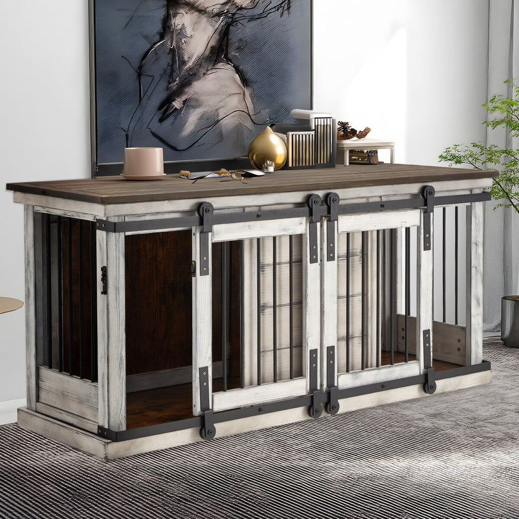 EROMMY Meuble-cage pour chien en bois massif, chenil intérieur avec porte coulissante et meuble TV, élégante maison pour chien en bois, cage pour chien stylée