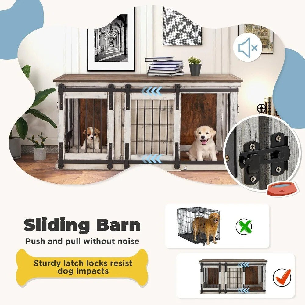 EROMMY Meuble-cage pour chien en bois massif, chenil intérieur avec porte coulissante et meuble TV, élégante maison pour chien en bois, cage pour chien stylée