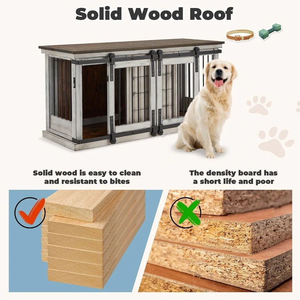 EROMMY Meuble-cage pour chien en bois massif, chenil intérieur avec porte coulissante et meuble TV, élégante maison pour chien en bois, cage pour chien stylée