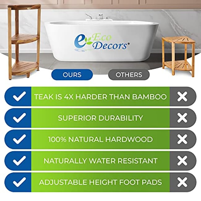 EcoDecors Table de douche à 3 niveaux, support de douche debout, porte-articles de douche en teck, support de rangement de douche, étagère en teck, étagère de douche en teck