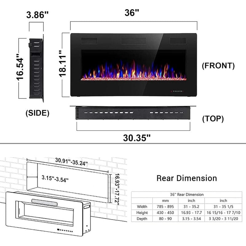 Chauffage électrique de cheminée encastrable mural avec télécommande (750-1500W)