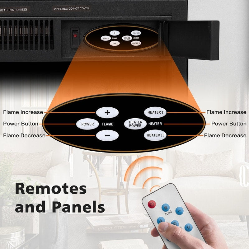 Ensemble de cheminée électrique avec boîtier en bois et foyer, télécommande.