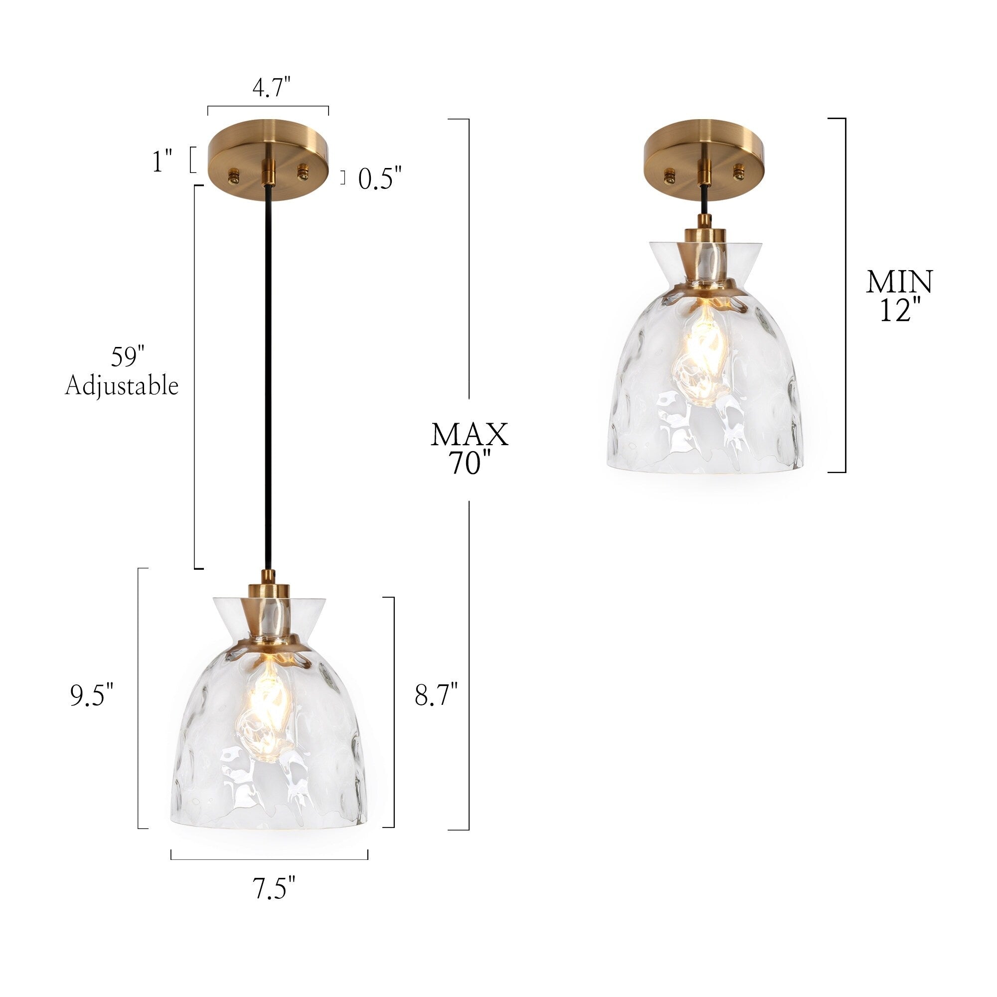 Suspension Elisie, style moderne du milieu du siècle, 1 lumière, verre en cascade, dôme martelé, éclairage pour îlot de cuisine, salle à manger
