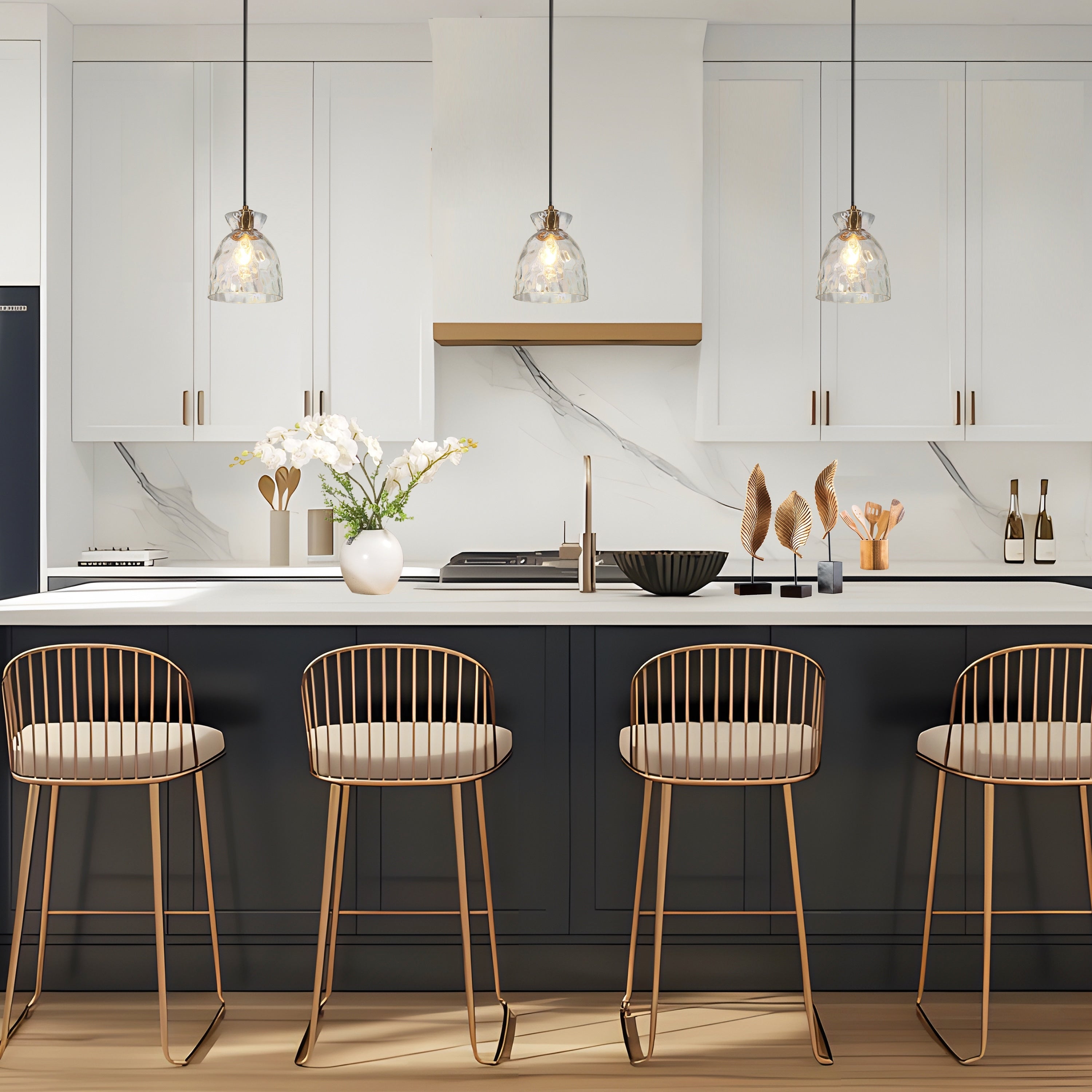 Suspension Elisie, style moderne du milieu du siècle, 1 lumière, verre en cascade, dôme martelé, éclairage pour îlot de cuisine, salle à manger