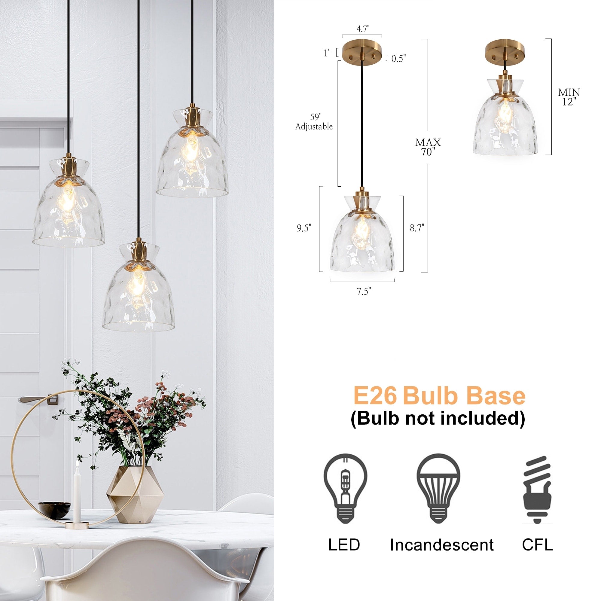 Suspension Elisie, style moderne du milieu du siècle, 1 lumière, verre en cascade, dôme martelé, éclairage pour îlot de cuisine, salle à manger