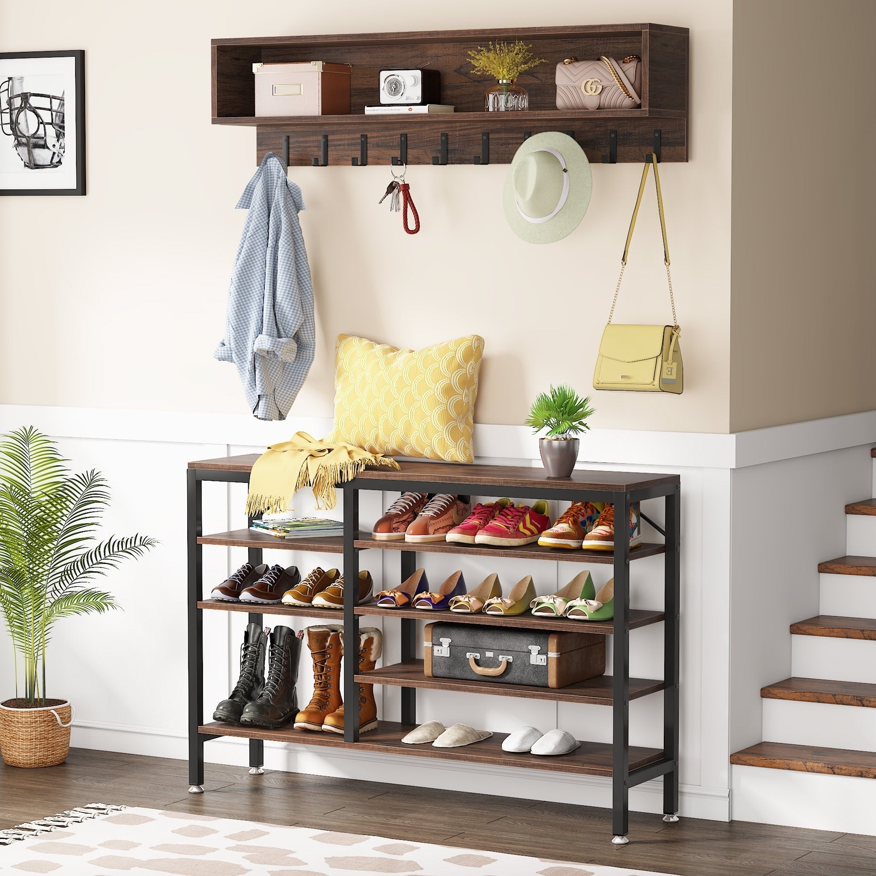 Ensemble porte-manteau et banc à chaussures pour entrée, porte-manteau et rangement à chaussures style industriel