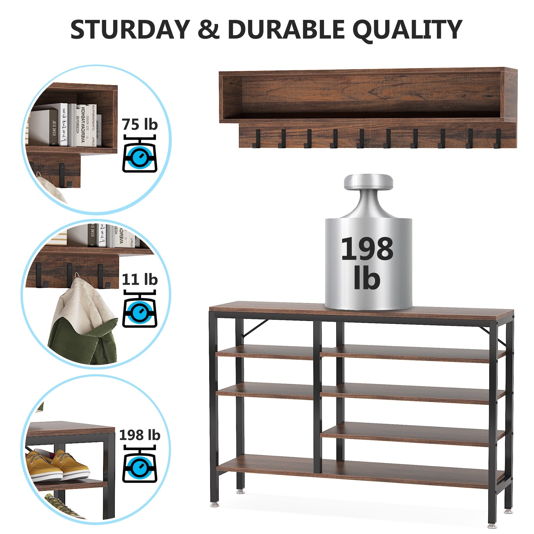 Ensemble porte-manteau et banc à chaussures pour entrée, porte-manteau et rangement à chaussures style industriel