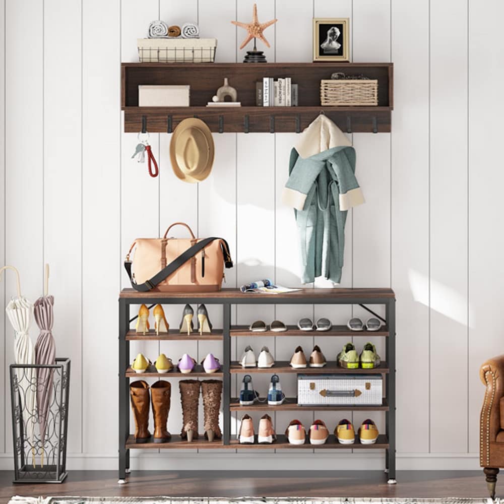 Ensemble porte-manteau et banc à chaussures pour entrée, porte-manteau et rangement à chaussures style industriel