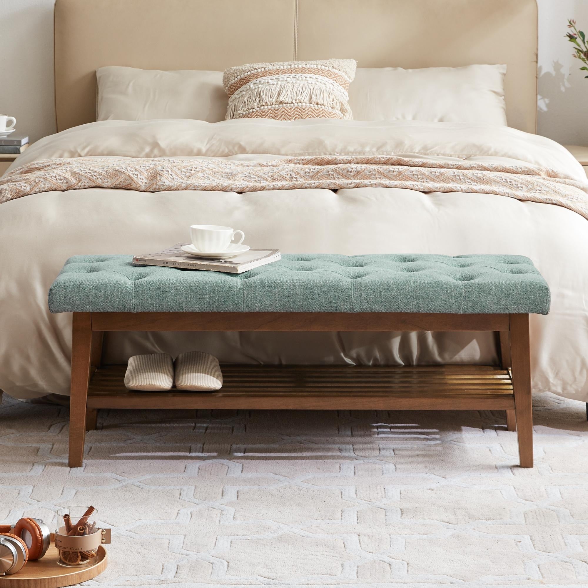 Banc à chaussures d'entrée, banc de rangement, tissu et bois massif, banc rembourré de 109 cm (43 pouces) pour salon et chambres à coucher