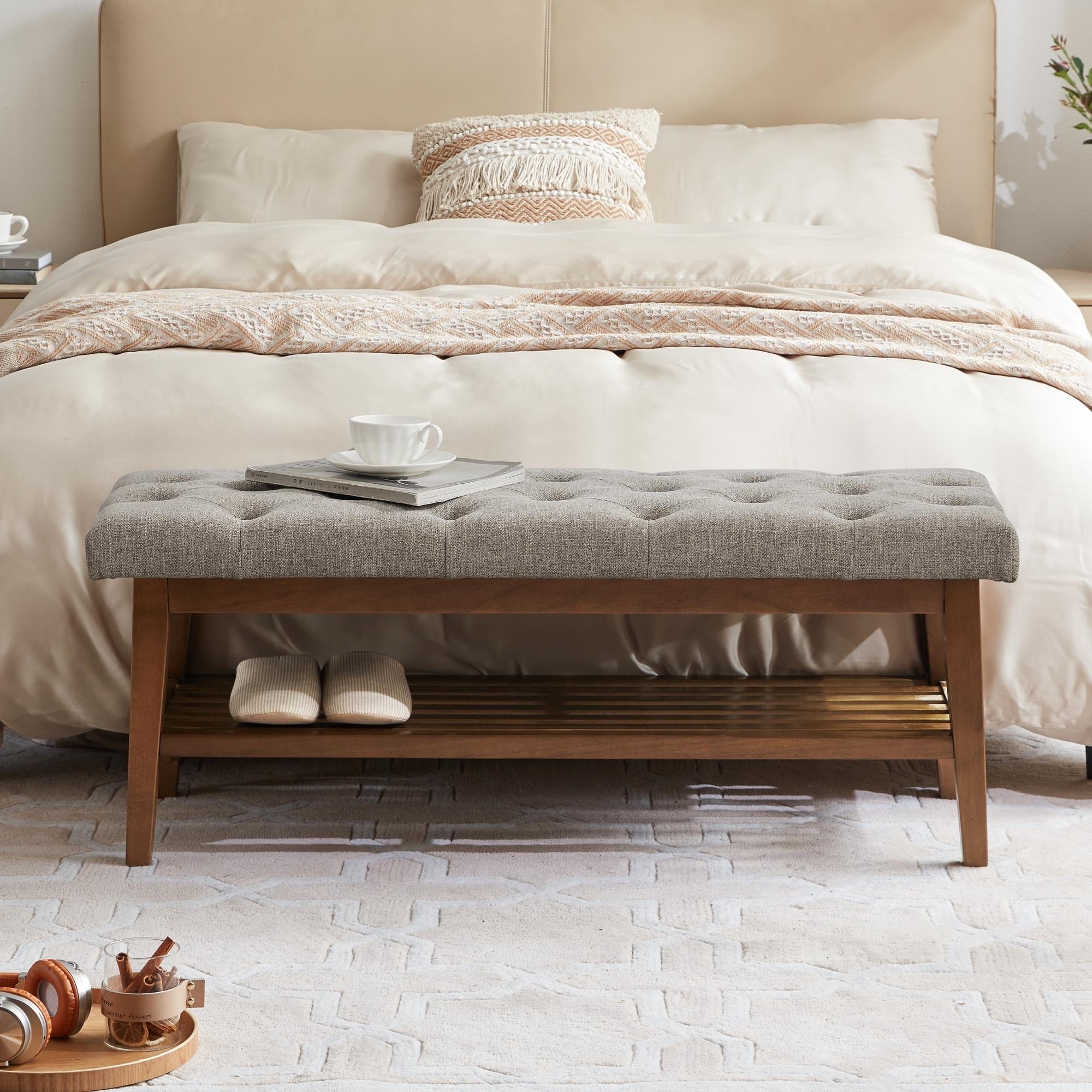 Banc à chaussures d'entrée, banc de rangement, tissu et bois massif, banc rembourré de 109 cm (43 pouces) pour salon et chambres à coucher