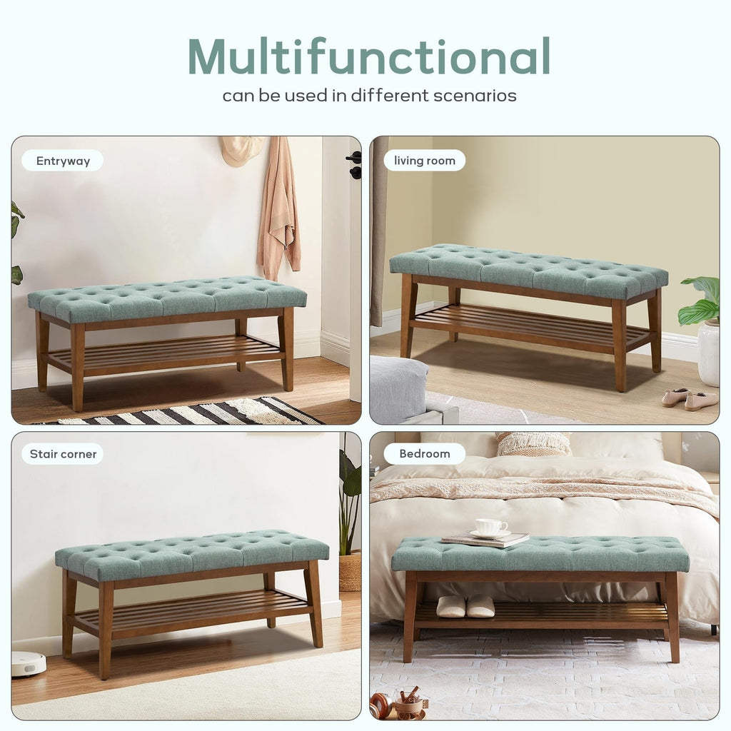 Banc à chaussures d'entrée, banc de rangement, tissu et bois massif, banc rembourré de 109 cm (43 pouces) pour salon et chambres à coucher