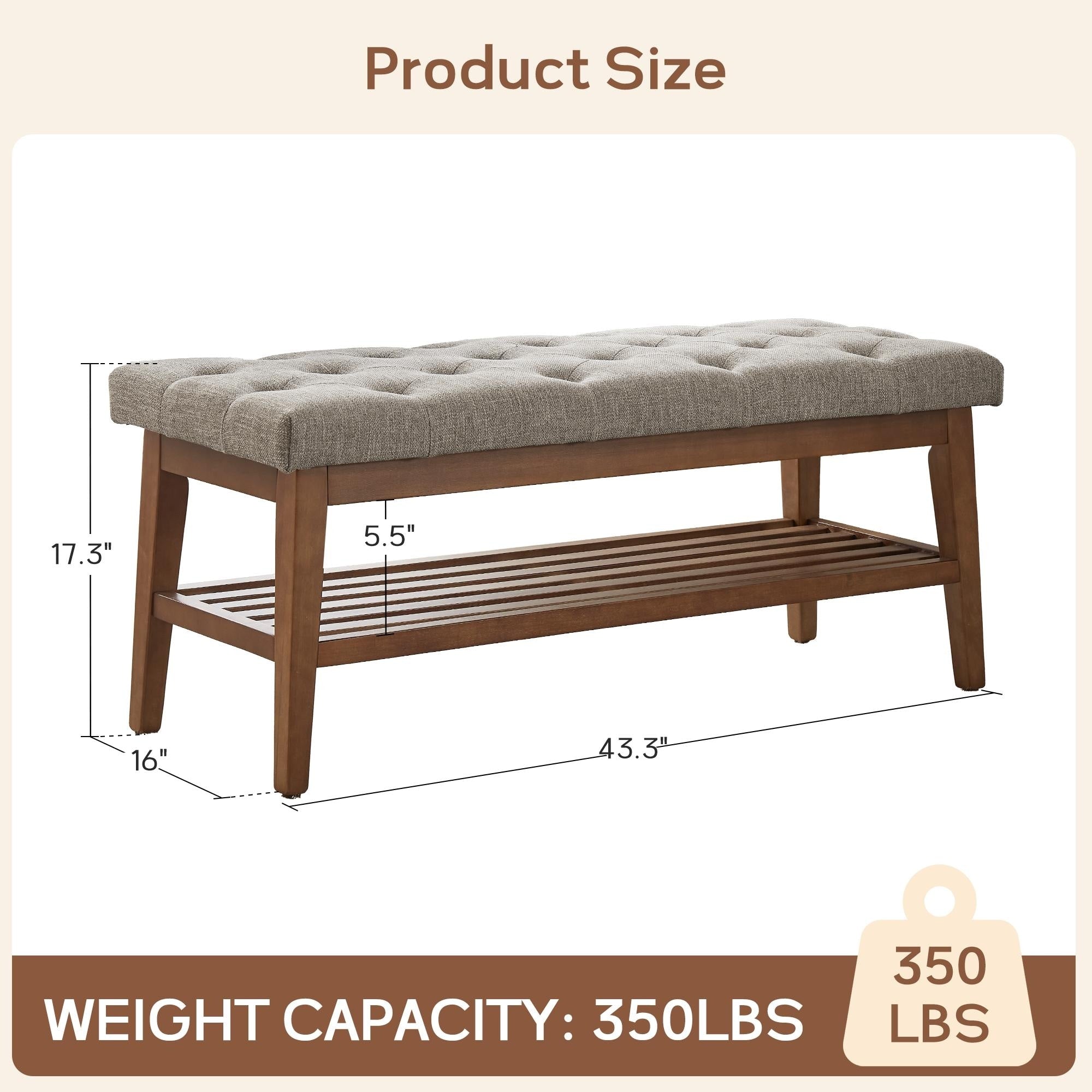 Banc à chaussures d'entrée, banc de rangement, tissu et bois massif, banc rembourré de 109 cm (43 pouces) pour salon et chambres à coucher