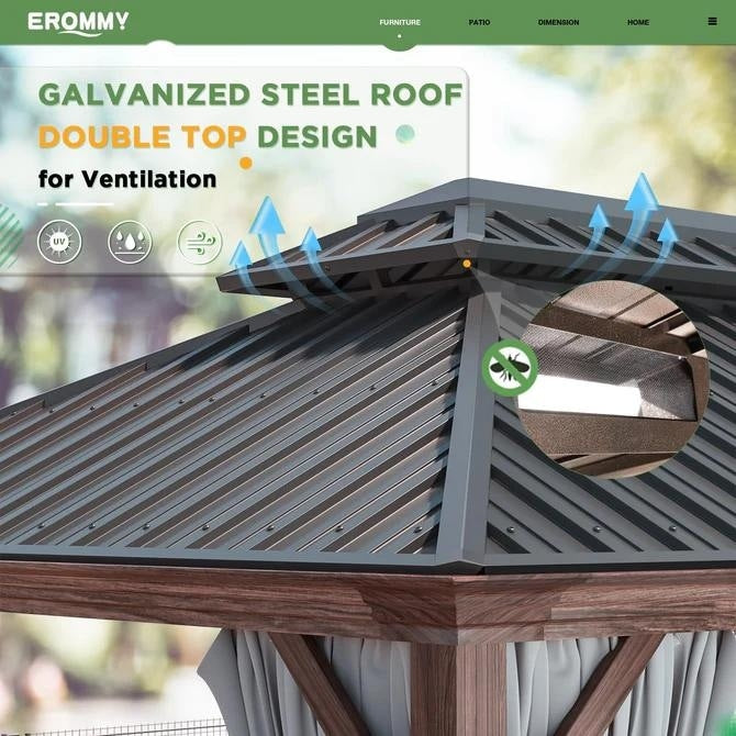 Erommy Gazebo à toit rigide avec cadre en aluminium et double toit, gazebo extérieur permanent avec rideaux et moustiquaire pour patio et jardin.