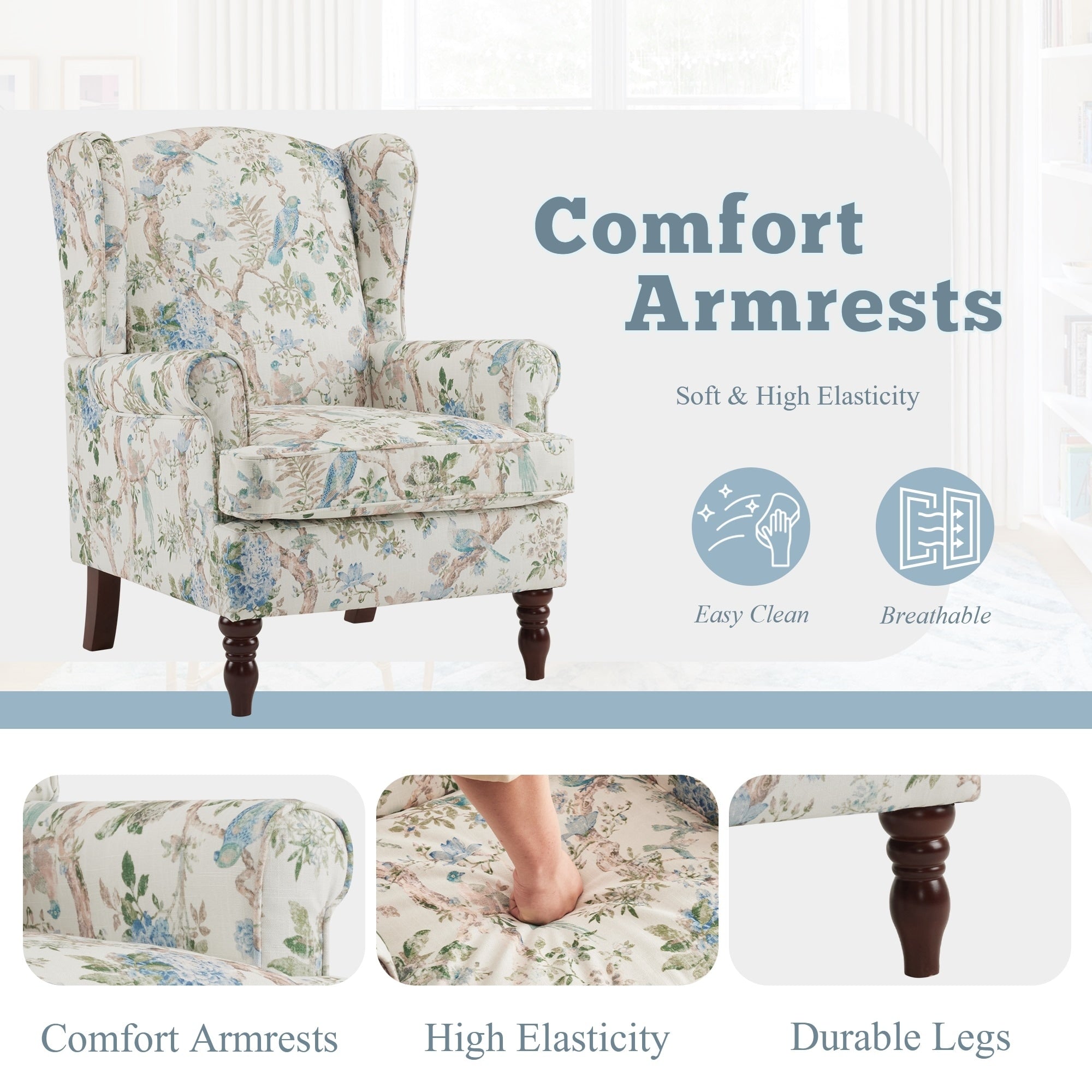 Fauteuil d'appoint moderne Erommy, fauteuil à dossier haut, canapé simple recouvert de tissu avec boutons et pieds en bois pour salon.