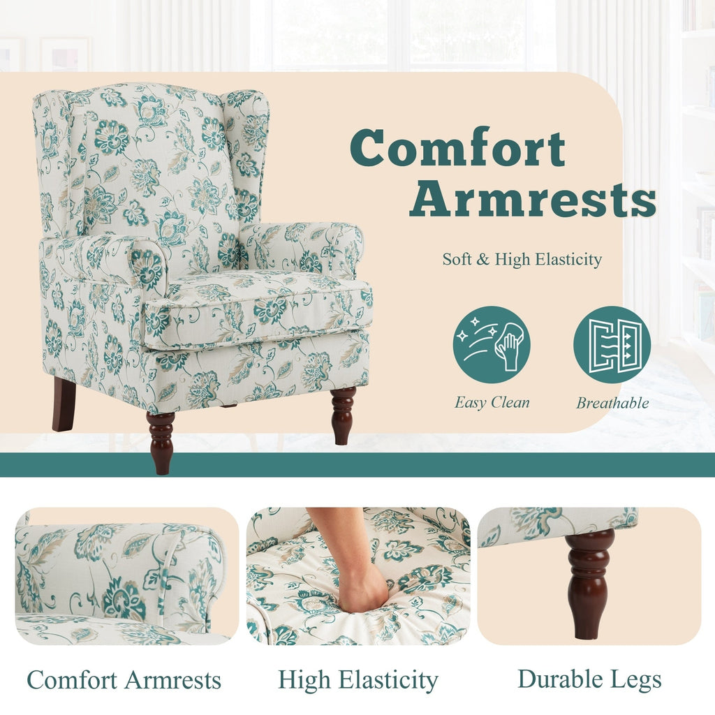 Fauteuil d'appoint moderne Erommy, fauteuil à dossier haut, canapé simple recouvert de tissu avec boutons et pieds en bois pour salon.