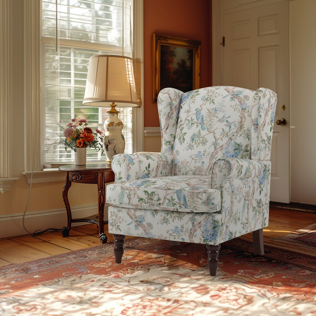 Fauteuil d'appoint moderne Erommy, fauteuil à dossier haut, canapé simple recouvert de tissu avec boutons et pieds en bois pour salon.