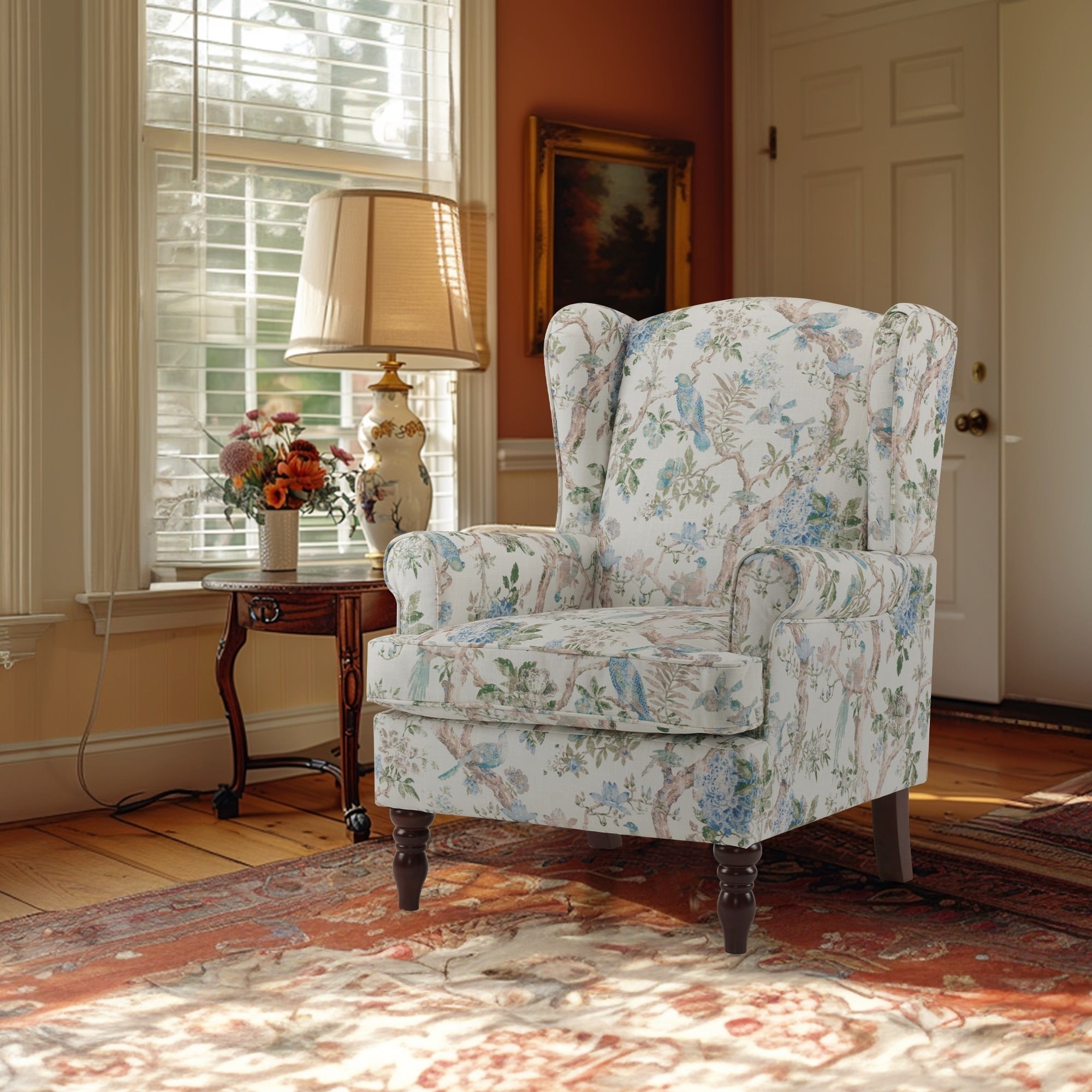 Fauteuil d'appoint moderne Erommy, fauteuil à dossier haut, canapé simple recouvert de tissu avec boutons et pieds en bois pour salon.