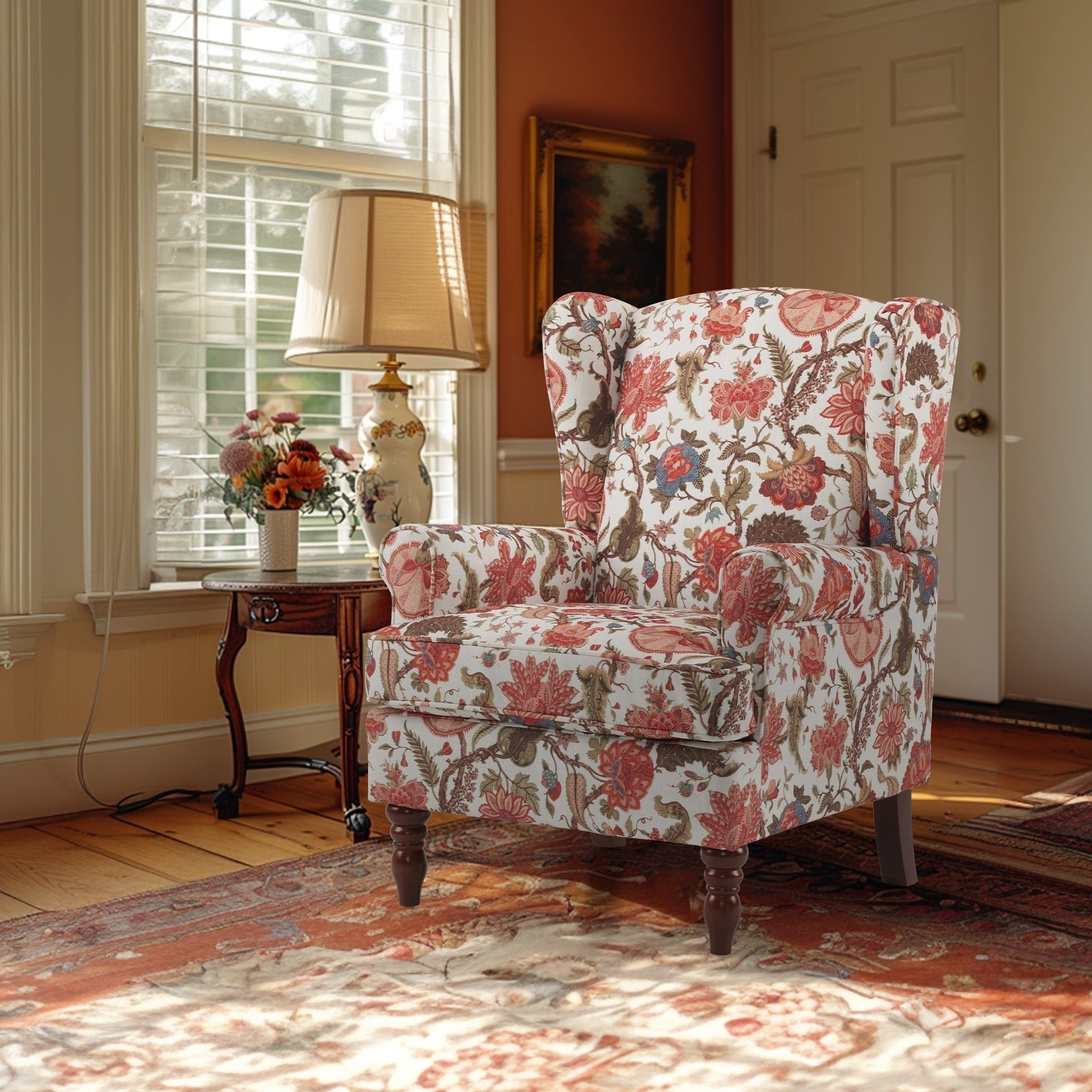 Fauteuil d'appoint moderne Erommy, fauteuil à dossier haut, canapé simple recouvert de tissu avec boutons et pieds en bois pour salon.