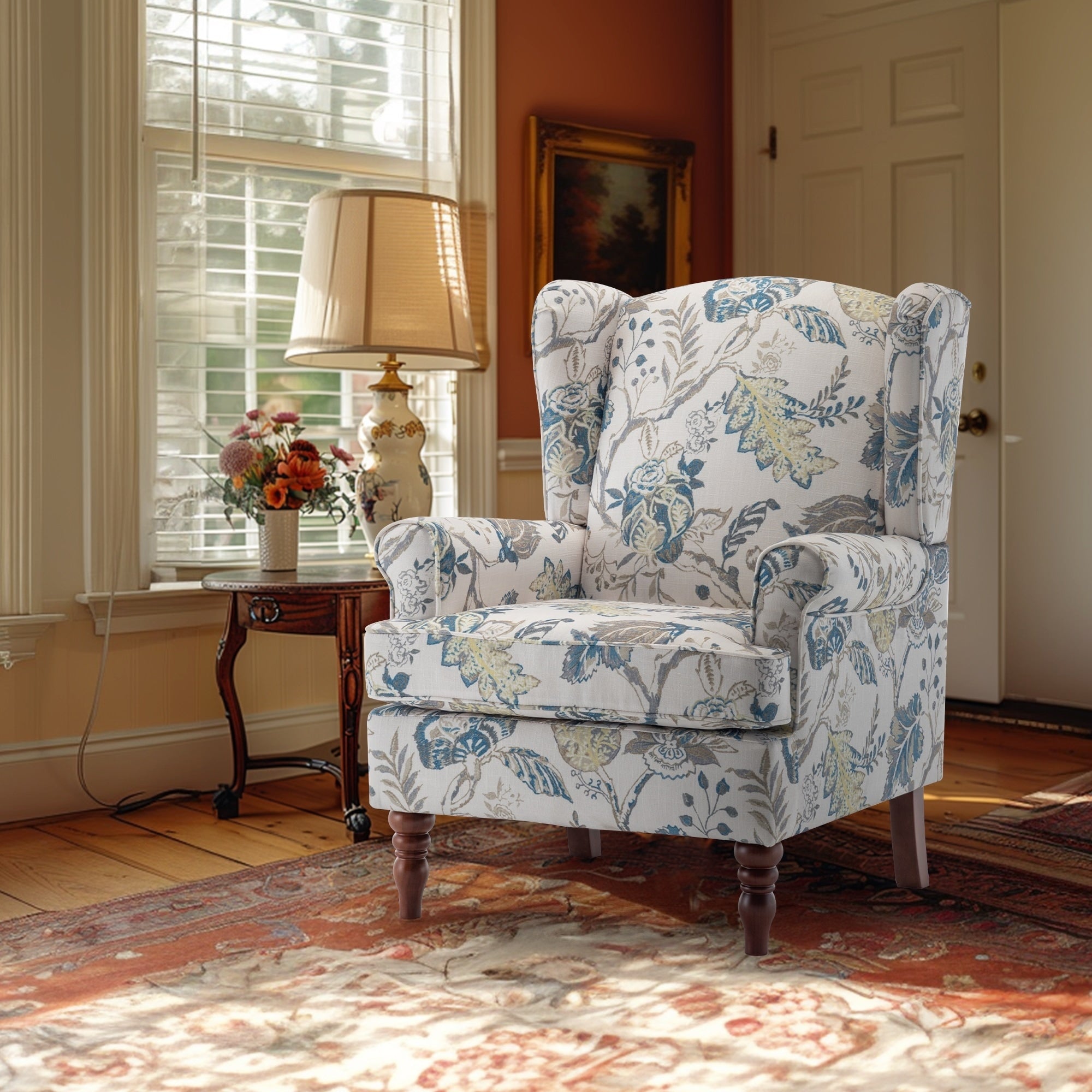 Fauteuil d'appoint moderne Erommy, fauteuil à dossier haut, canapé simple recouvert de tissu avec boutons et pieds en bois pour salon.