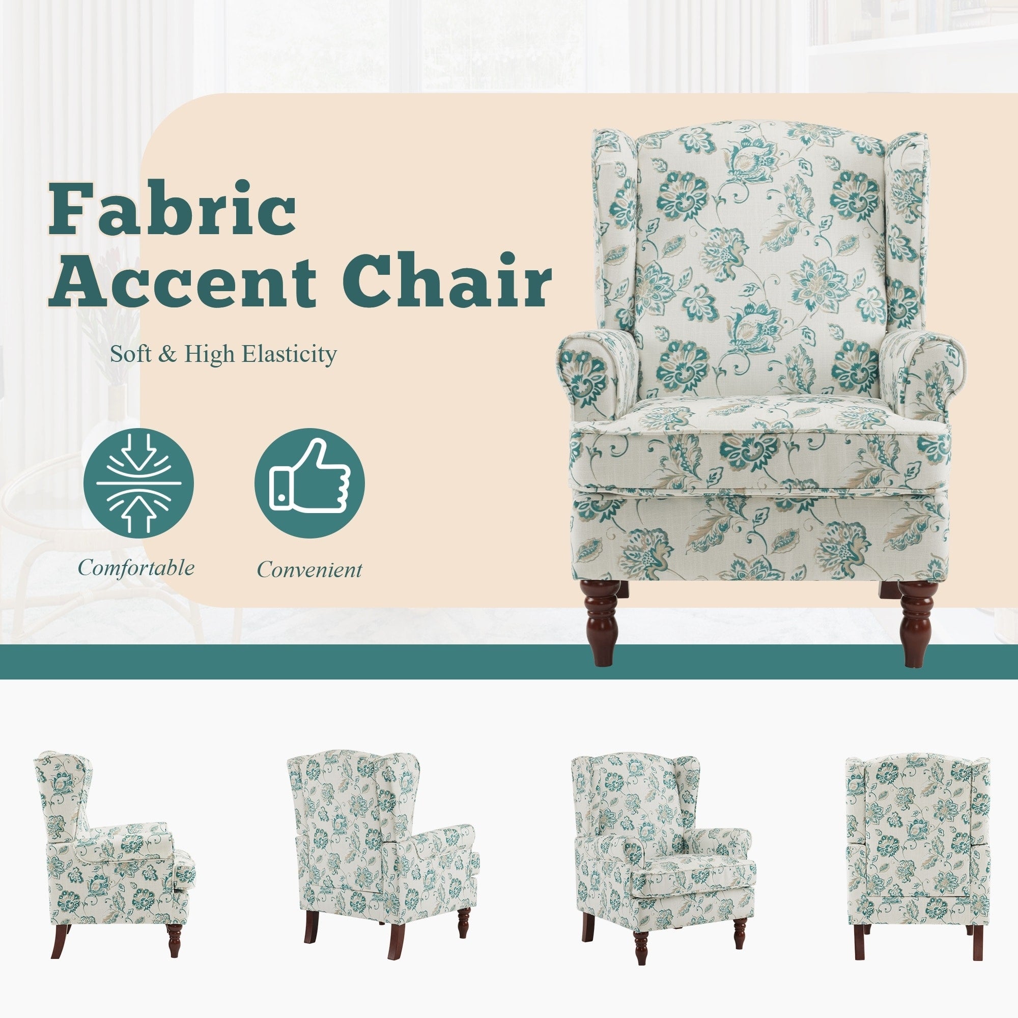 Fauteuil d'appoint moderne Erommy, fauteuil à dossier haut, canapé simple recouvert de tissu avec boutons et pieds en bois pour salon.