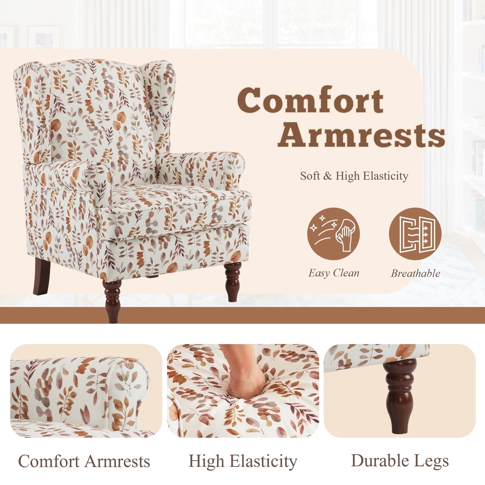 Fauteuil d'appoint moderne Erommy, fauteuil à dossier haut, canapé simple recouvert de tissu avec boutons et pieds en bois pour salon.