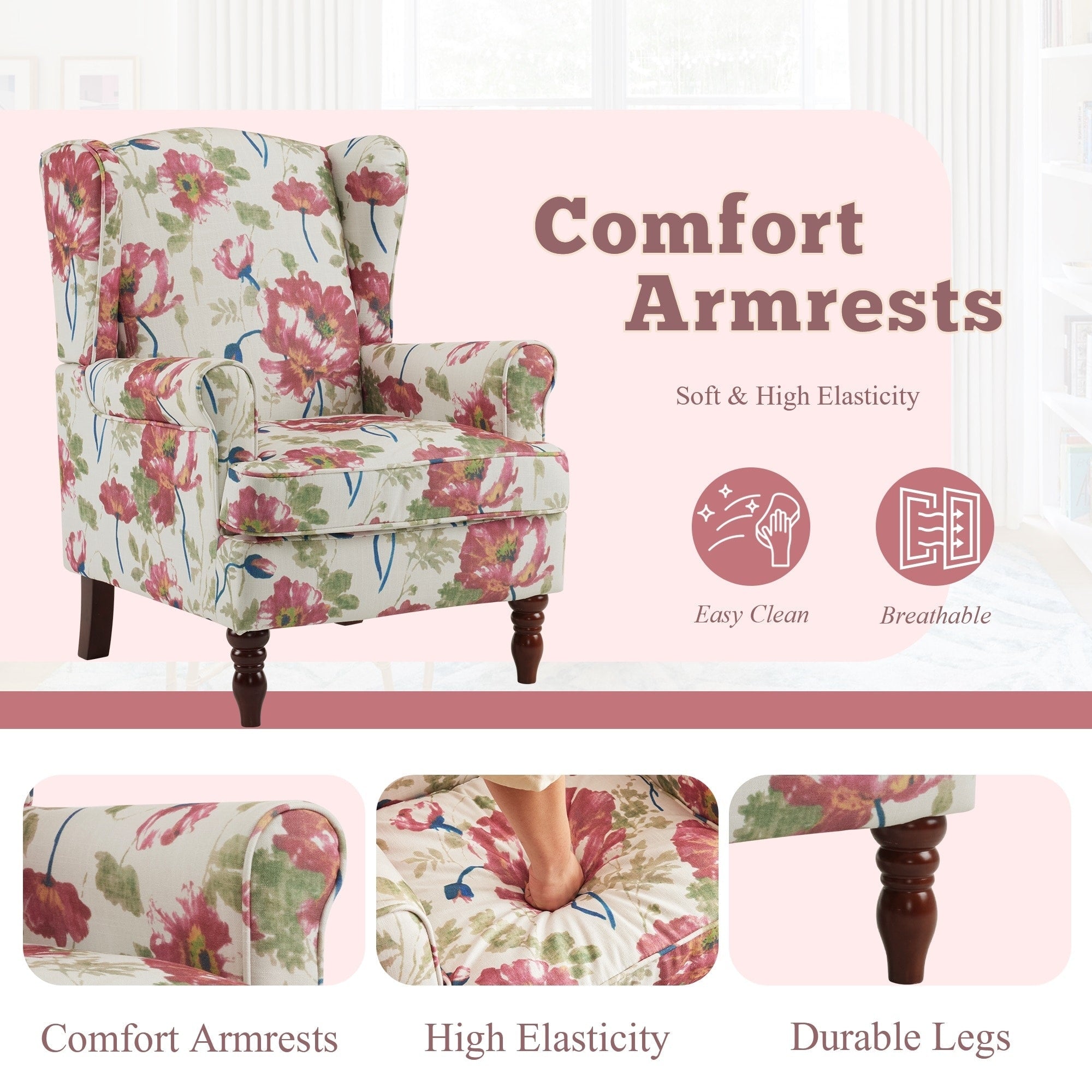 Fauteuil d'appoint moderne Erommy, fauteuil à dossier haut, canapé simple recouvert de tissu avec boutons et pieds en bois pour salon.