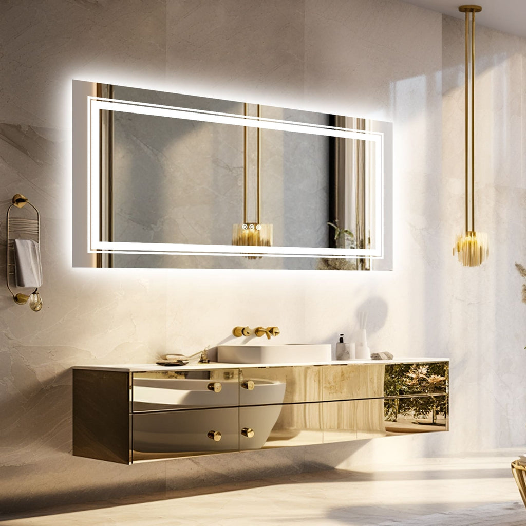 Grand miroir de salle de bain à éclairage LED, anti-buée, pour meuble-lavabo, 3 couleurs