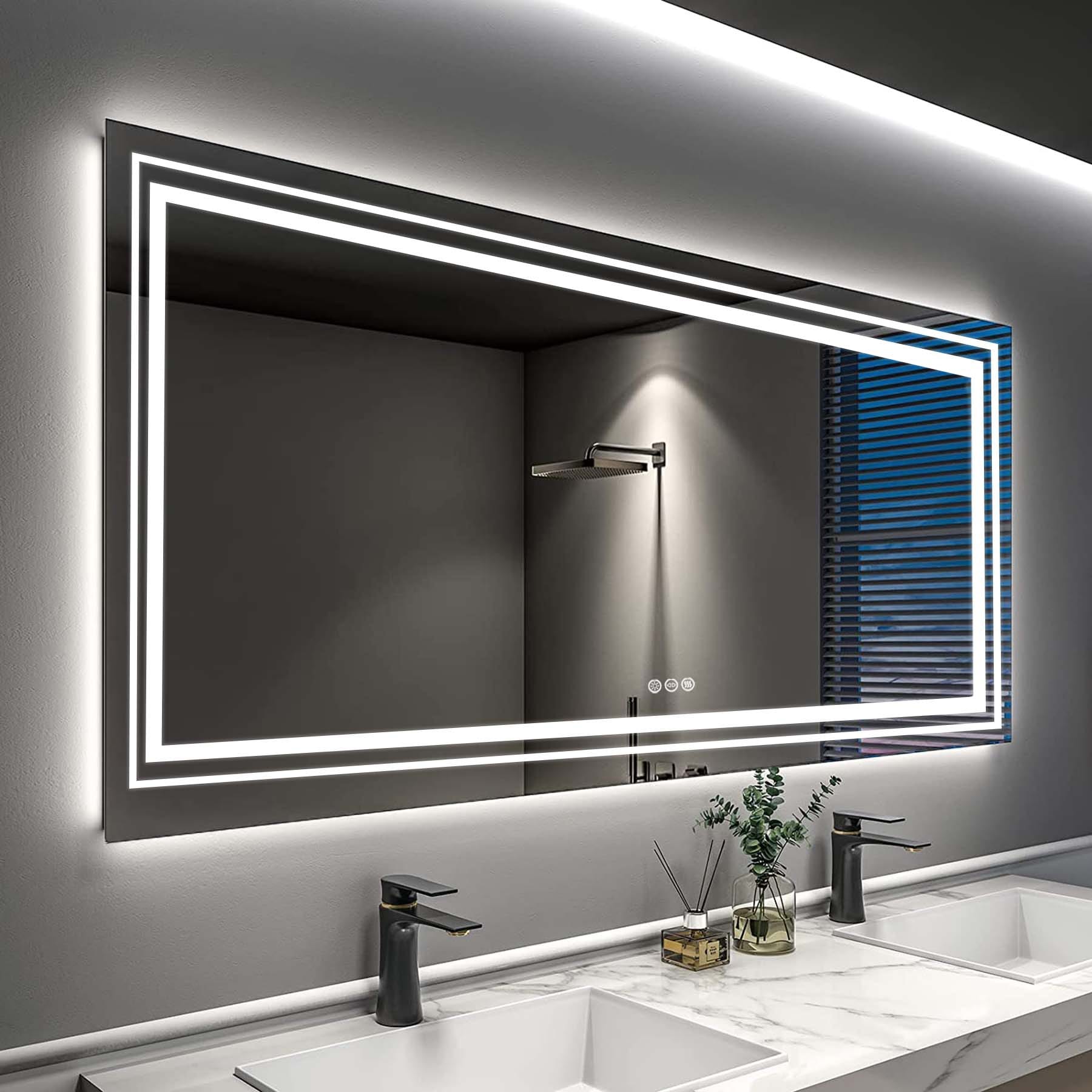 Grand miroir de salle de bain à éclairage LED, anti-buée, pour meuble-lavabo, 3 couleurs