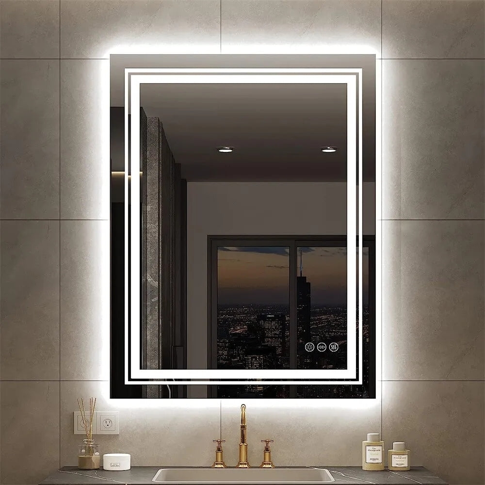 Grand miroir de salle de bain à éclairage LED, anti-buée, pour meuble-lavabo, 3 couleurs