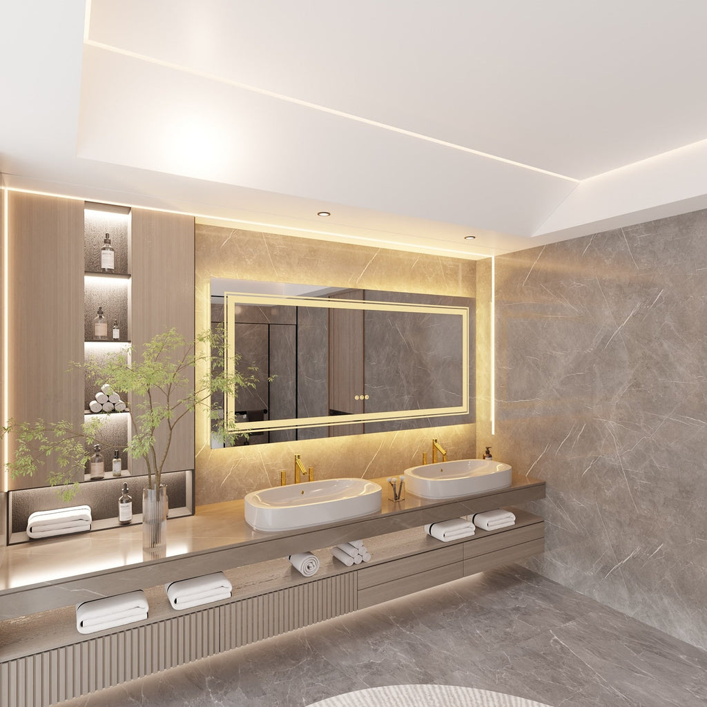 Grand miroir de salle de bain à éclairage LED, anti-buée, pour meuble-lavabo, 3 couleurs