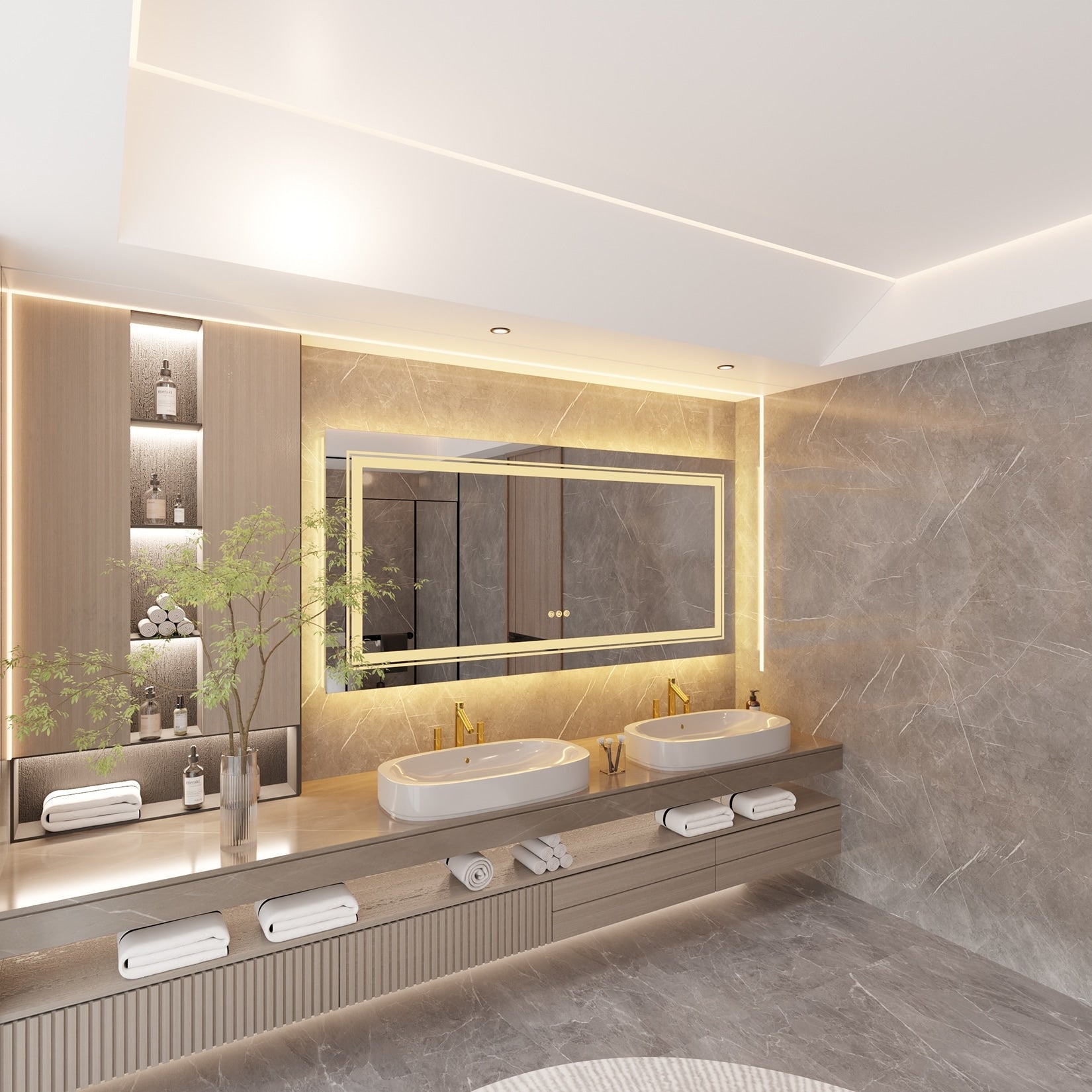 Grand miroir de salle de bain à éclairage LED, anti-buée, pour meuble-lavabo, 3 couleurs