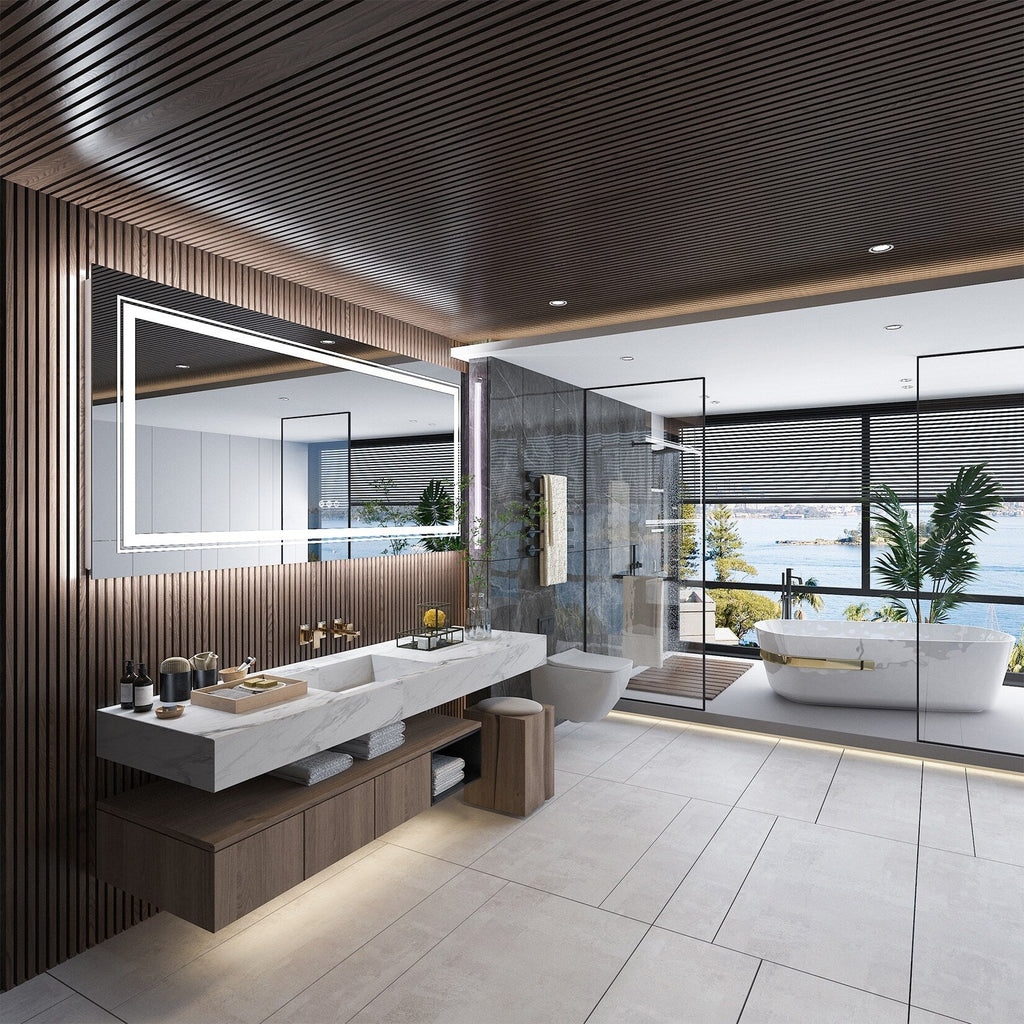 Grand miroir de salle de bain à éclairage LED, anti-buée, pour meuble-lavabo, 3 couleurs