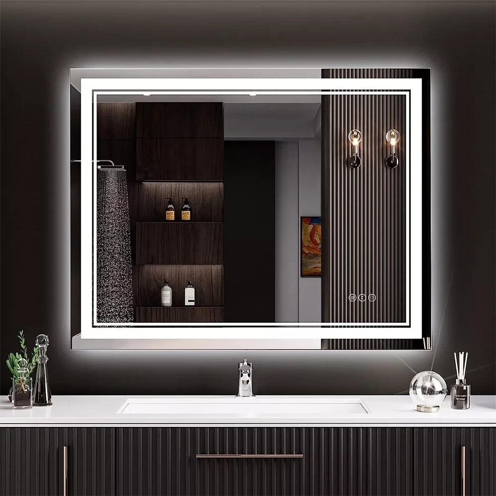 Grand miroir de salle de bain à éclairage LED, anti-buée, pour meuble-lavabo, 3 couleurs
