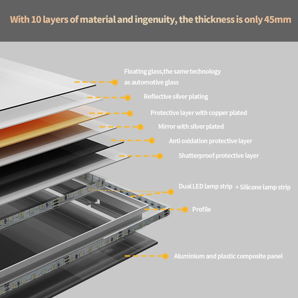 Grand miroir de salle de bain à éclairage LED, anti-buée, pour meuble-lavabo, 3 couleurs
