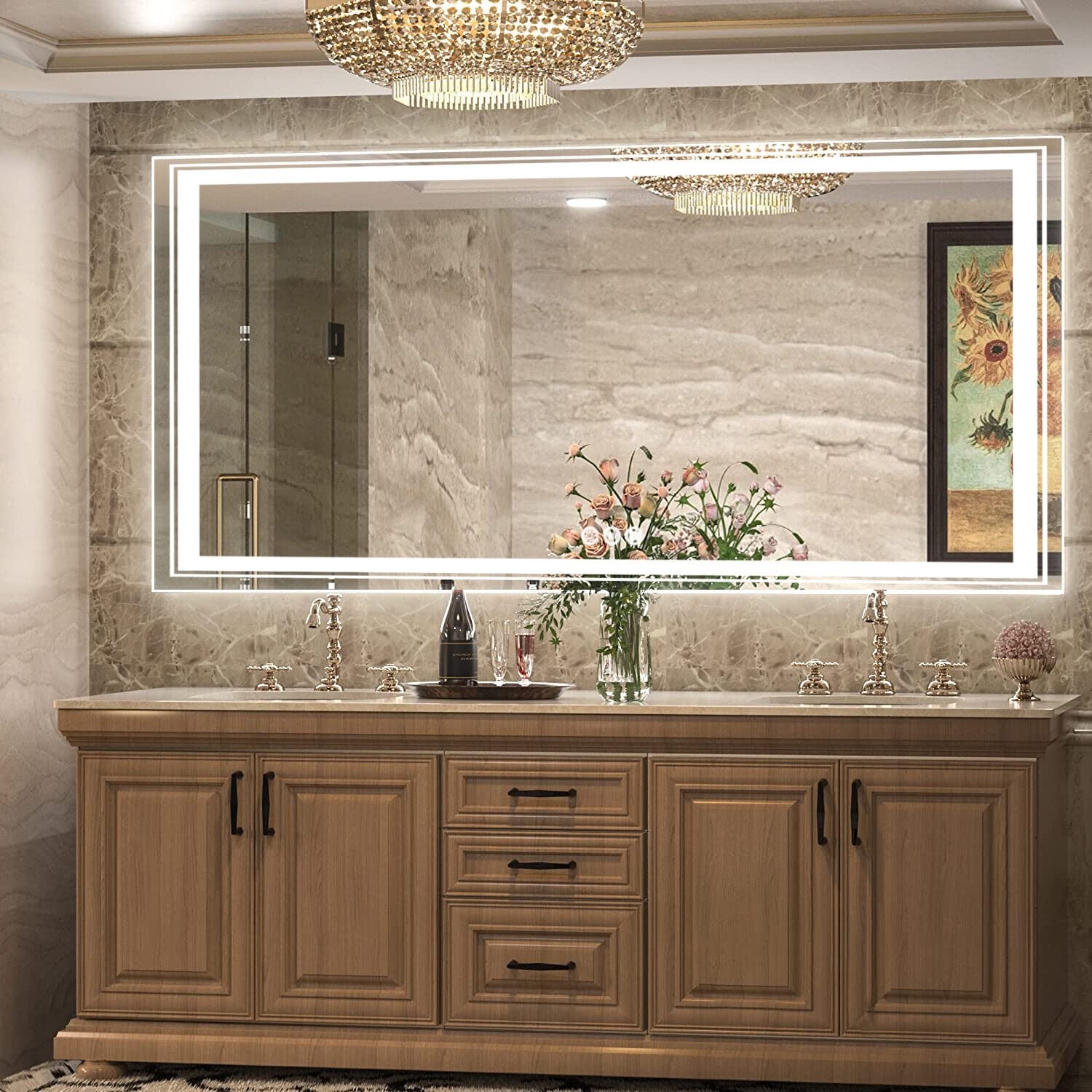 Grand miroir de salle de bain à éclairage LED, anti-buée, pour meuble-lavabo, 3 couleurs