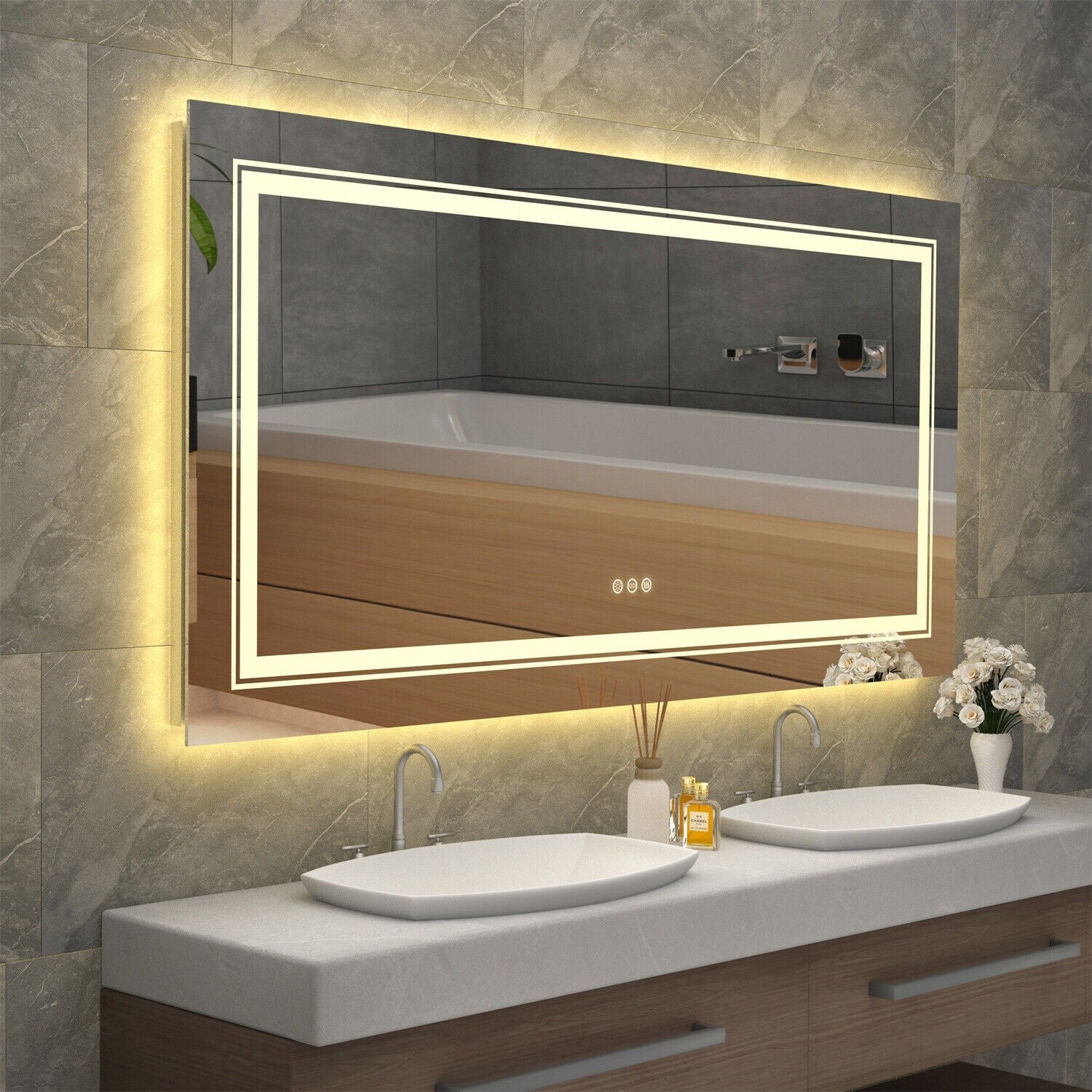 Grand miroir de salle de bain à éclairage LED, anti-buée, pour meuble-lavabo, 3 couleurs