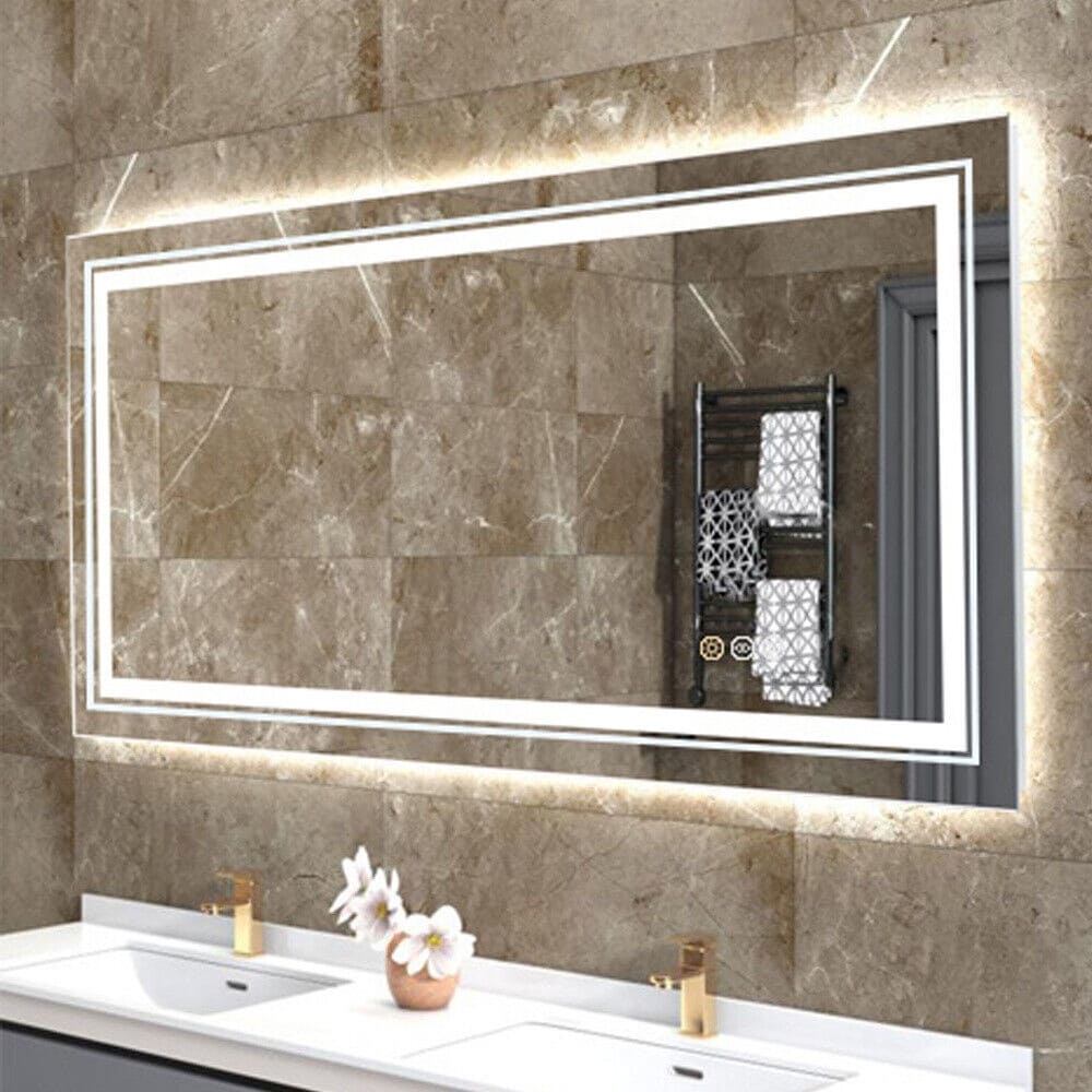 Grand miroir de salle de bain à éclairage LED, anti-buée, pour meuble-lavabo, 3 couleurs
