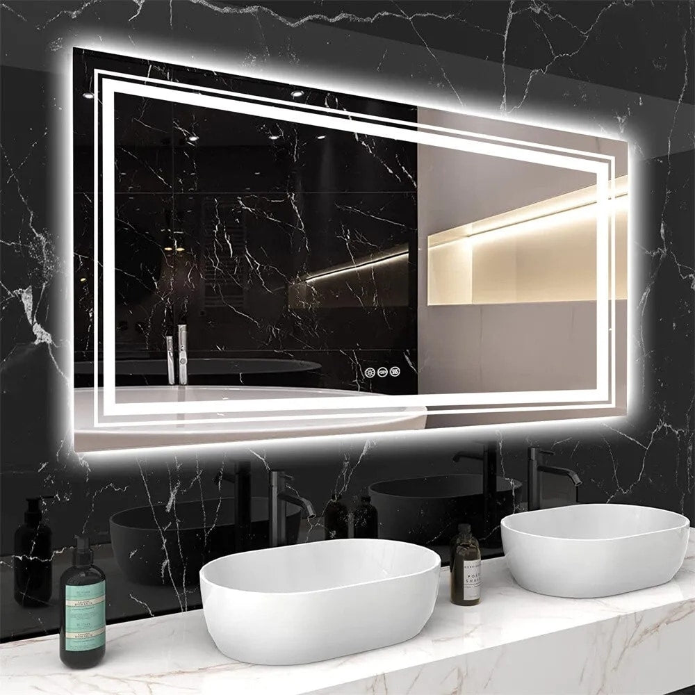 Grand miroir de salle de bain à éclairage LED, anti-buée, pour meuble-lavabo, 3 couleurs
