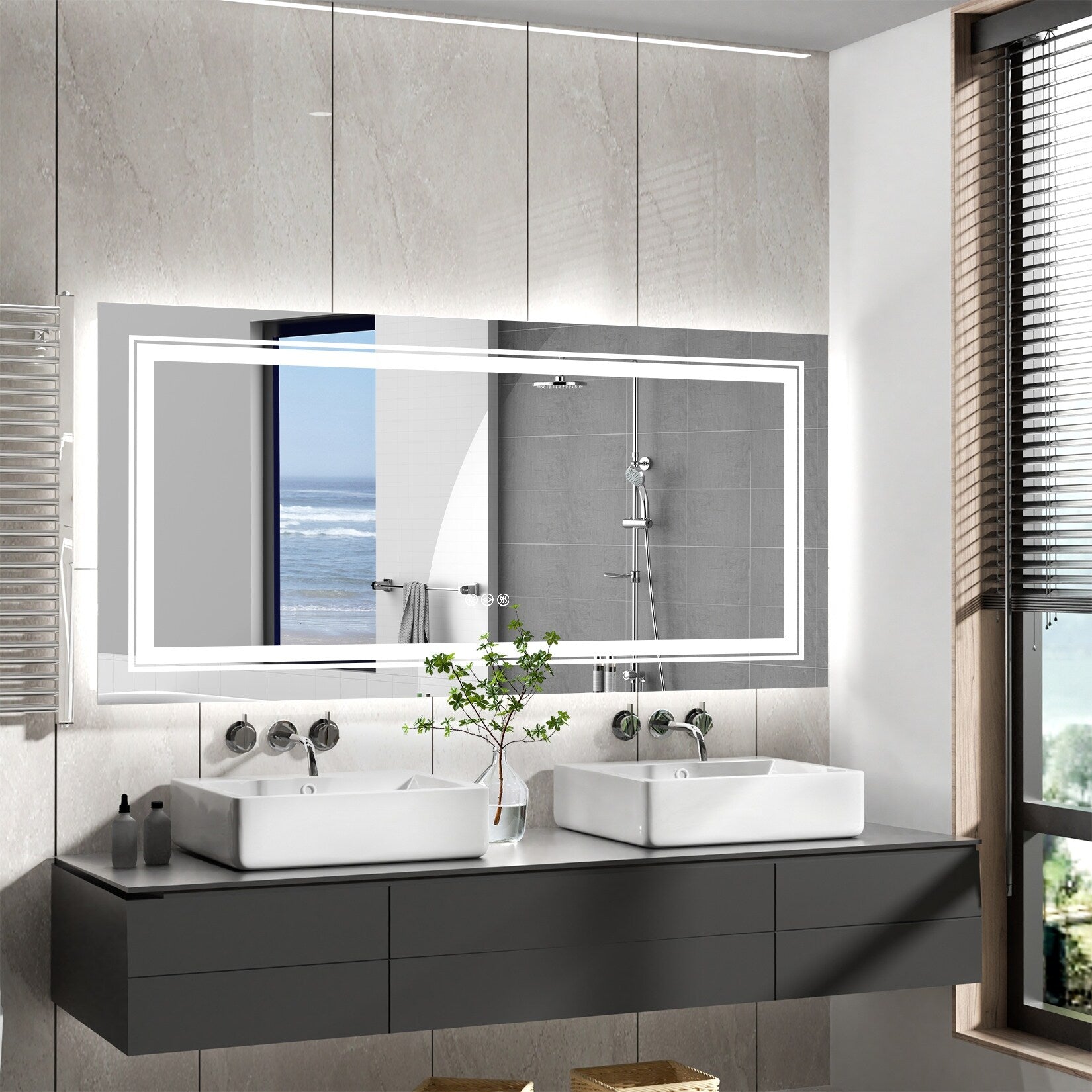 Grand miroir de salle de bain à éclairage LED, anti-buée, pour meuble-lavabo, 3 couleurs