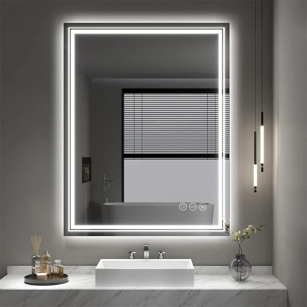 Grand miroir de salle de bain à éclairage LED, anti-buée, pour meuble-lavabo, 3 couleurs