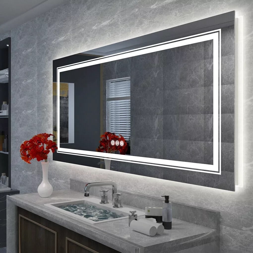 Grand miroir de salle de bain à éclairage LED, anti-buée, pour meuble-lavabo, 3 couleurs