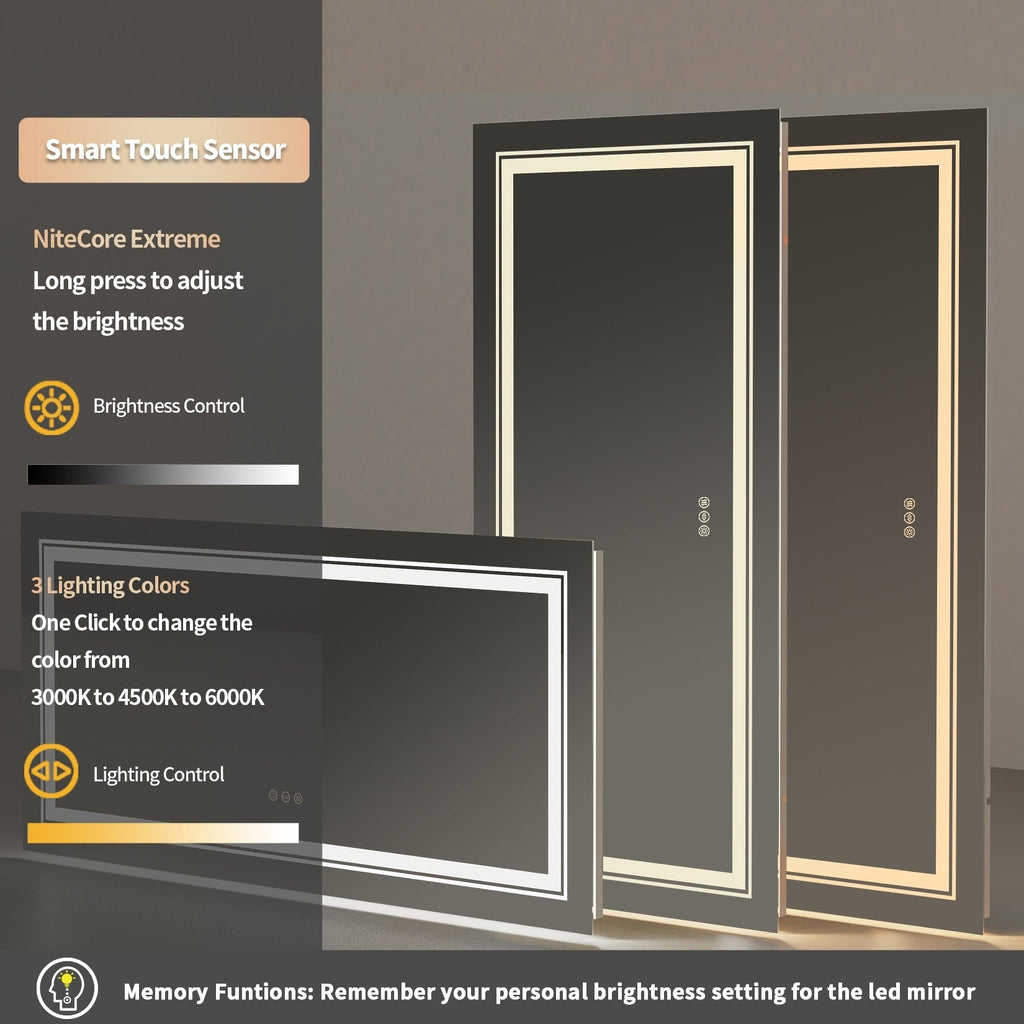 Grand miroir de salle de bain à éclairage LED, anti-buée, pour meuble-lavabo, 3 couleurs