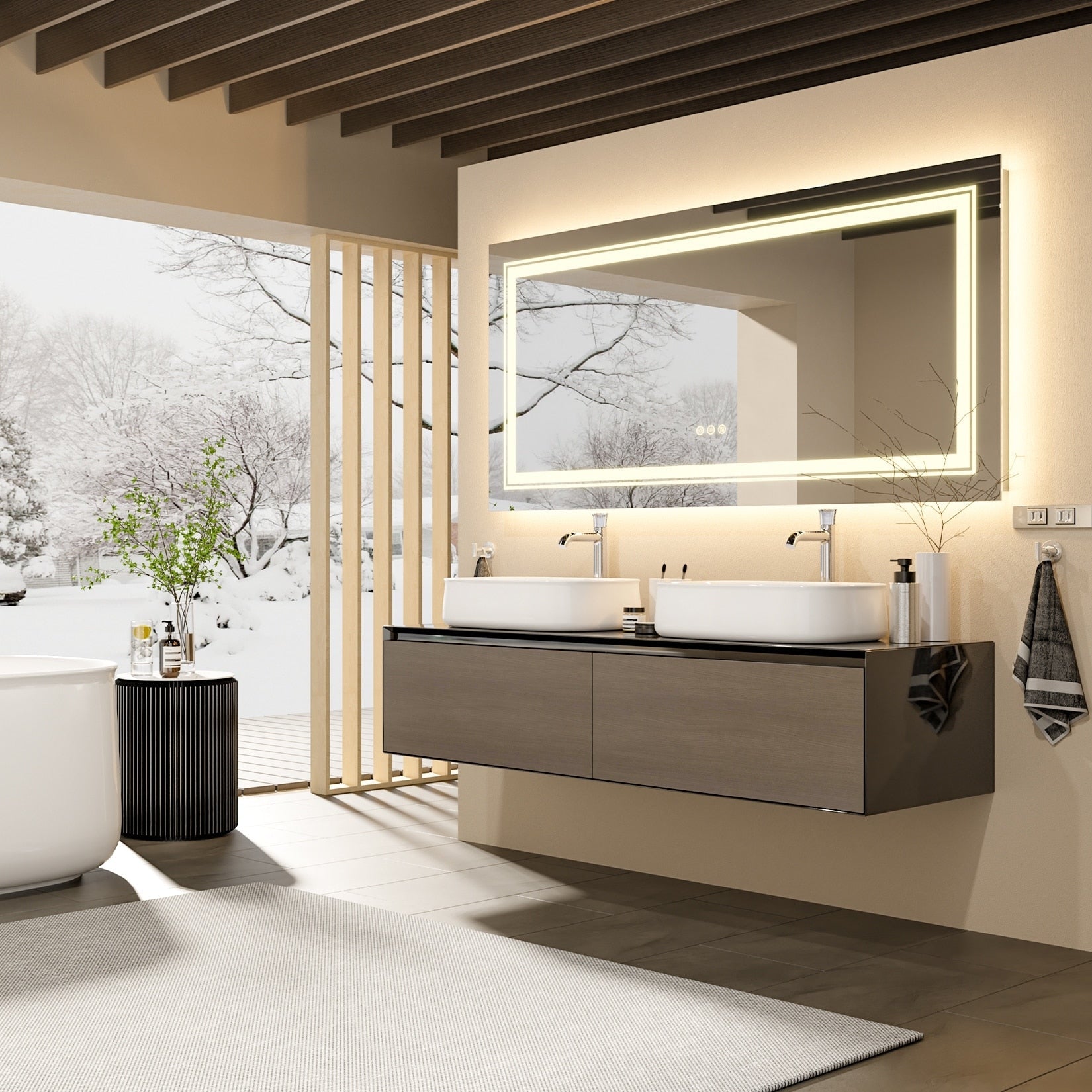 Grand miroir de salle de bain à éclairage LED, anti-buée, pour meuble-lavabo, 3 couleurs