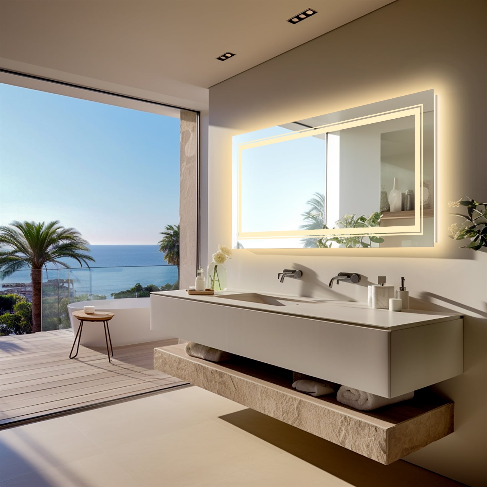 Grand miroir de salle de bain à éclairage LED, anti-buée, pour meuble-lavabo, 3 couleurs