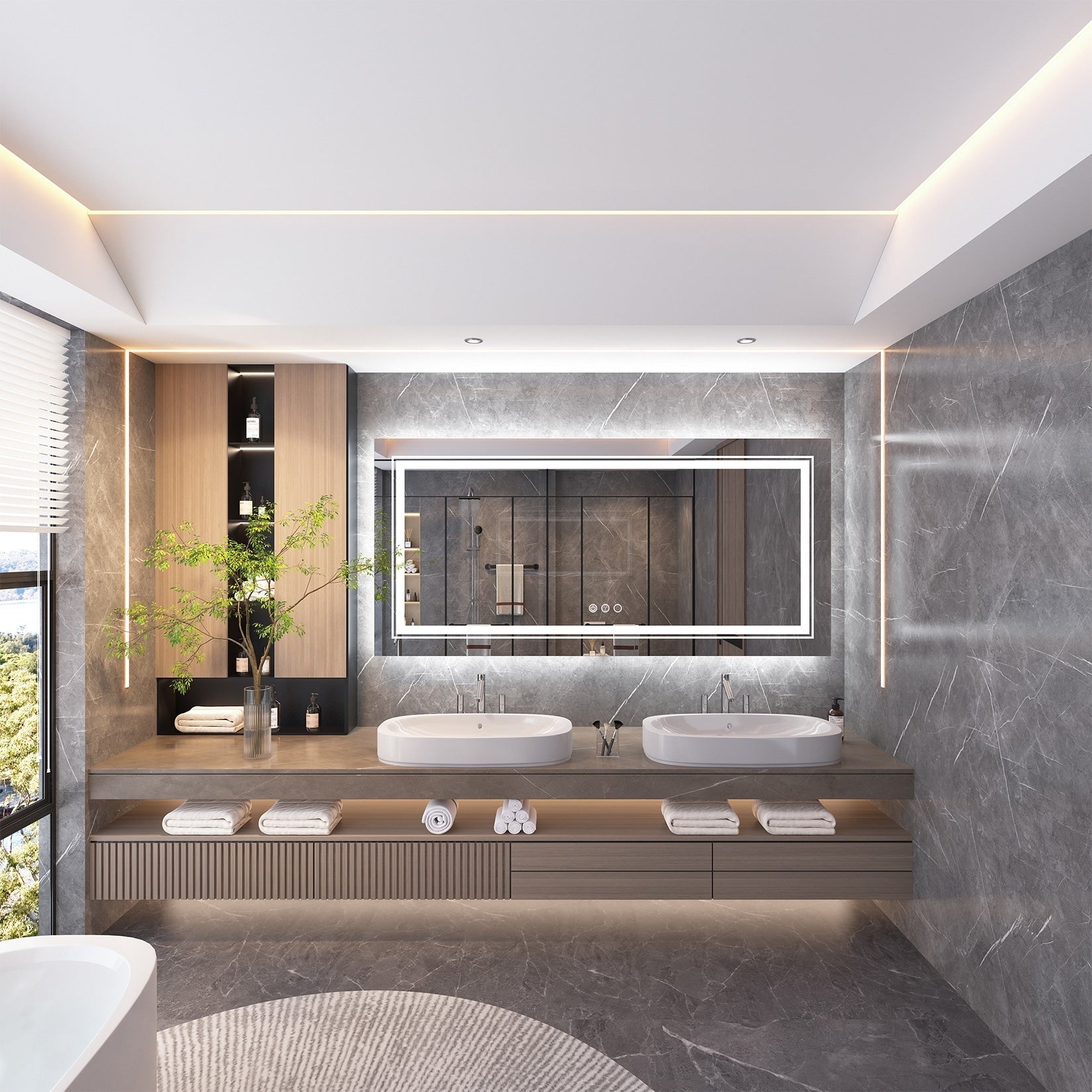 Grand miroir de salle de bain à éclairage LED, anti-buée, pour meuble-lavabo, 3 couleurs