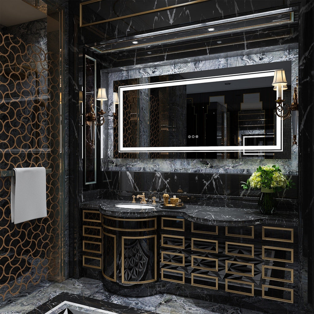 Grand miroir de salle de bain à éclairage LED, anti-buée, pour meuble-lavabo, 3 couleurs