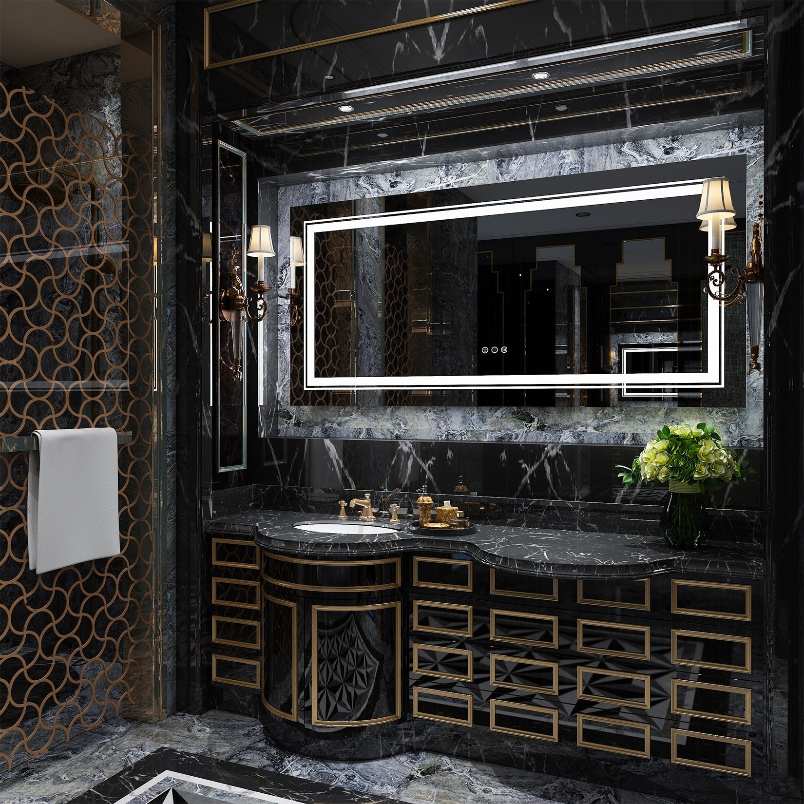 Grand miroir de salle de bain à éclairage LED, anti-buée, pour meuble-lavabo, 3 couleurs